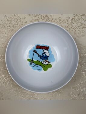 Vintage Smurfs White Hard Plastic Bowl,  Smurf Fishing Graphic, 1980’s, USA